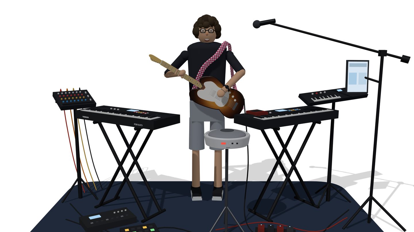 3D rendering of Jam's live-looping rig: guitar, dual keyboards, HandSonic, loop pedals, and a boom mic with tablet